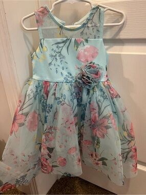 Zunie Girl Light Blue Floral Mesh Dress with Pink Flowers